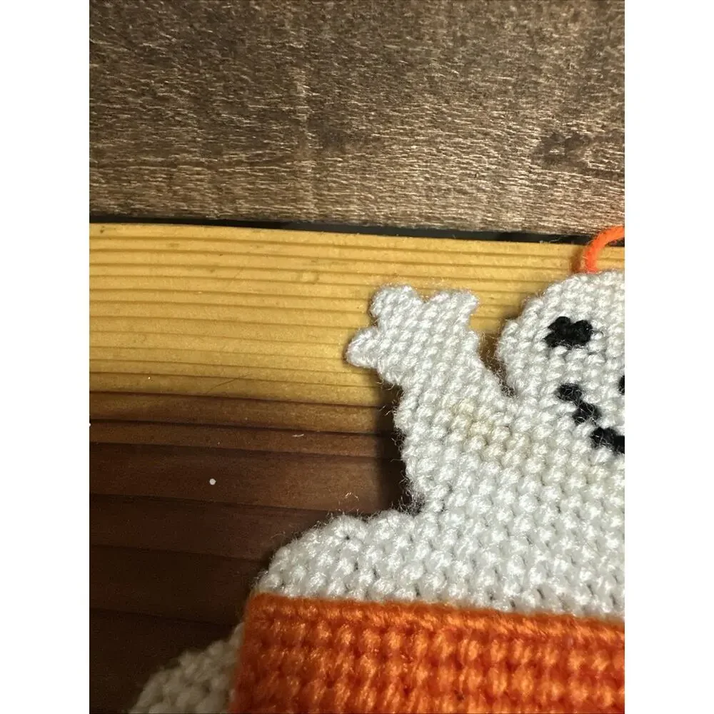 Vintage Ghost BOO Halloween Completed Finished Hanging Plastic Canvas 18.5”